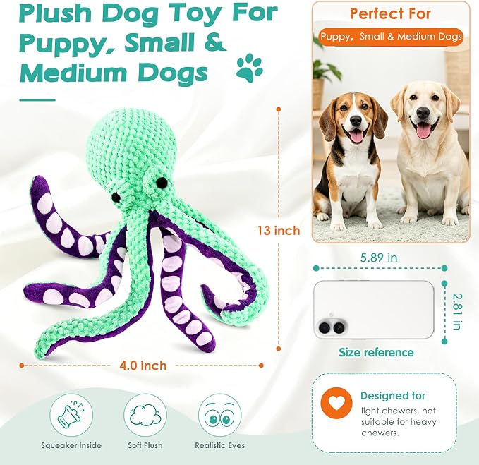 Fuufome Octopus Plush Dog Toy | Squeaky Crinkle Puppy Toy