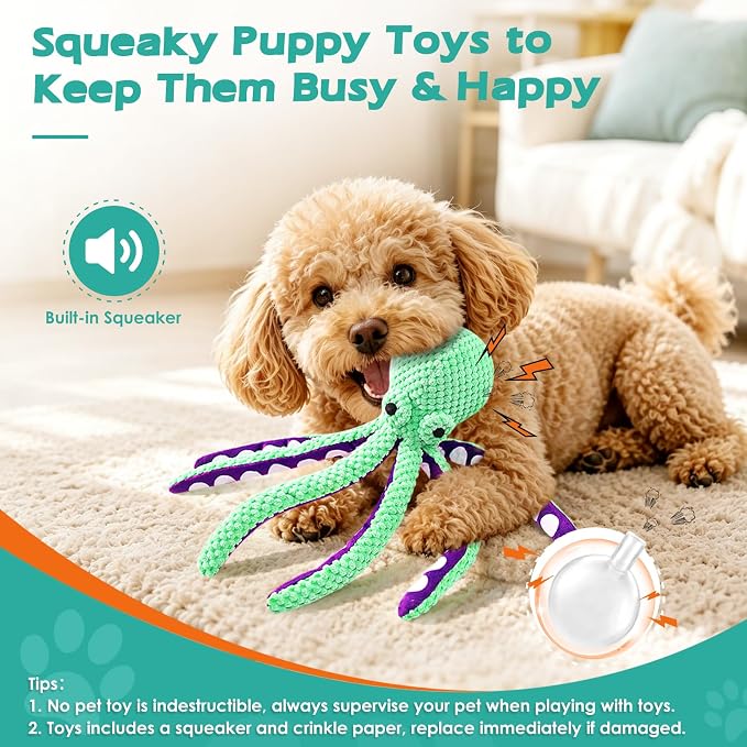Fuufome Octopus Plush Dog Toy | Squeaky Crinkle Puppy Toy